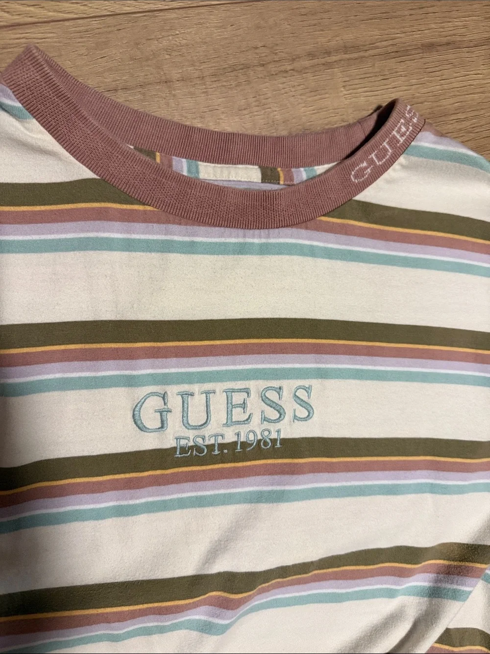 GUESS Cream Striped Short Sleeve Tee with Pastel Accents - Picture 3 of 4